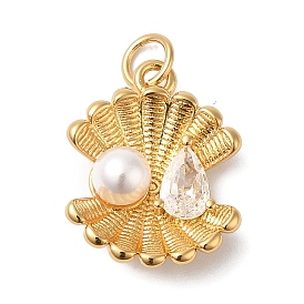 Rack Plating Brass Glass Imitation Pearl Pendants, with Cubic Zirconia, with Jump Ring, Long-Lasting Plated, Lead Free & Cadmium Free, Shell Shape with Teardrop and Pearl