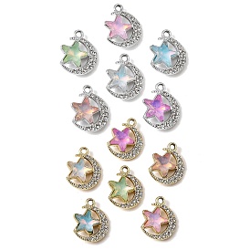 UV Plating Alloy Glass Pendants, Moon with Star Charm, with Rhinestone, Faceted, Mixed Color
