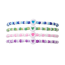 4pcs 4 Colors Acrylic Heart & Glass Seed Beaded Stretch Bracelets, Stackable Bracelets for Women