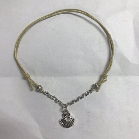 Shell Shape Tibetan Style Alloy Charm Bracelet with 304 Stainless Steel Cable Chain for Women, Waxed Cotton Cord Adjustable Bracelet