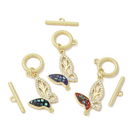 Brass Micro Pave Clear Cubic Zirconia Toggle Clasps, with Enamel & Shell, Long-Lasting Plated, Lead Free & Cadmium Free, Real 18K Gold Plated, Butterfly