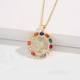 18K Gold Plated Heart-shaped Pendant Necklace with Colorful Gemstones and Zirconia, Fashionable Collarbone Chain