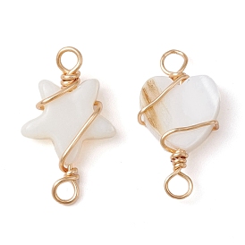2Pcs 2 Styles Natural Freshwater Shell Copper Wire Wrapped Connector Charms, Light Gold, Star & Heart Links