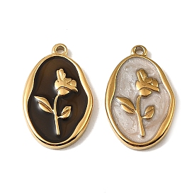 304 Stainless Steel Pendants, Oval with Flower Charms, with Enamel, Real 18K Gold Plated, Ion Plating(IP)
