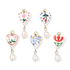 Подвески ручной работы из фарфора и нержавеющей стали, подвески в виде сердца с цветочным узором, с натуральным культивированным пресноводным жемчугом, золотые, с целью перехода в кольце