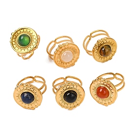 Natural Gemstone Finger Rings, Flat Round Golden Tone 304 Stainless Steel Cuff Rings for Women