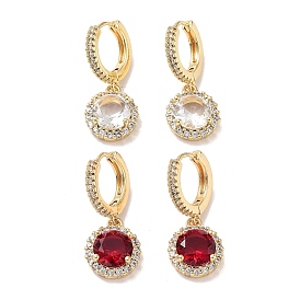 Real 18K Gold Plated Brass Dangle Hoop Earrings, with Cubic Zirconia and Glass, Flat Round