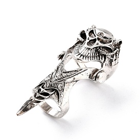 Alloy Rhinestones Finger Rings for Men, Wide Band Rings, Skull, Antique Silver