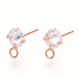 Brass Stud Earring Findings, with Cubic Zirconia and Loop, Clear