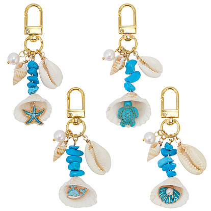 4шт. 4 стили синтетические бирюзовые бусины и ракушки подвески украшения, Поворотные застежки из сплава, подвески для украшений сумок