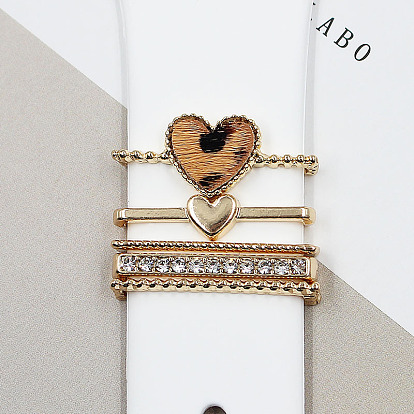 Conjunto de dijes de banda de reloj de piel sintética de aleación de corazón, rectángulo pedrería reloj banda anillo decorativo bucles
