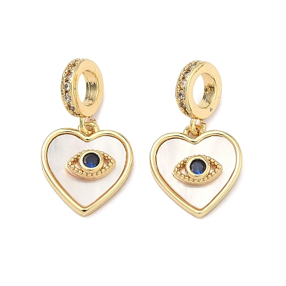 Подвески-шармы из латуни с микропаве, прозрачными и синими кубическими циркониями, в европейском стиле., Подвески в форме сердца с большим отверстием и изображением сглаза, украшенные натуральной ракушкой., стойки покрытие, долговечный, без свинца и без кадмия