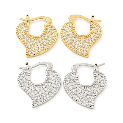 Heart Brass Pave Clear Cubic Zirconia Hoop Earrings