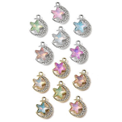 UV Plating Alloy Glass Pendants, Moon with Star Charm, with Rhinestone, Faceted, Mixed Color