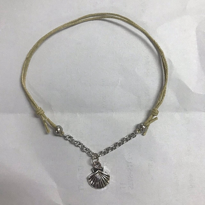 Shell Shape Tibetan Style Alloy Charm Bracelet with 304 Stainless Steel Cable Chain for Women, Waxed Cotton Cord Adjustable Bracelet