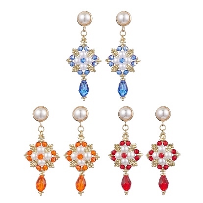 Круглые серьги-гвоздики из стеклянного бисера и стеклянного жемчуга ручной работы, Ткацкий станок, китайское вязание, золотые