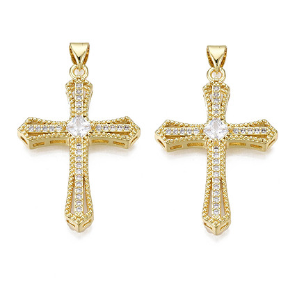 Brass Micro Pave Cubic Zirconia Pendants, with Brass Snap on Bails, Real 18K Gold Plated, Nickel Free, Cross