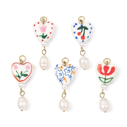 Подвески ручной работы из фарфора и нержавеющей стали, подвески в виде сердца с цветочным узором, с натуральным культивированным пресноводным жемчугом, золотые, с целью перехода в кольце