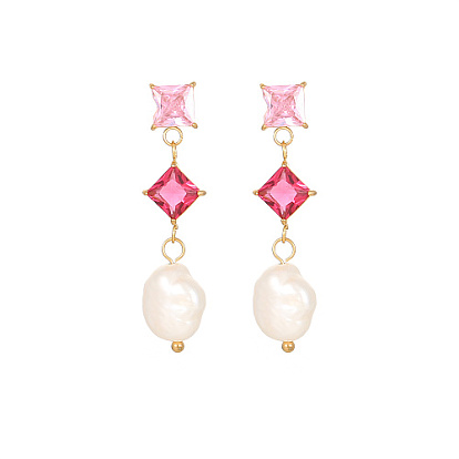Boucles d'oreilles carrées en verre, boucles d'oreilles pendantes en perles naturelles avec 304 épingles en acier inoxydable