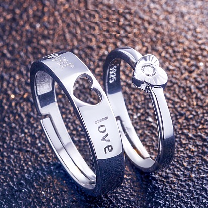 Adjustable Heart-shaped Engraved Couple Rings, S925 Silver Love Rings for Valentine's Day Gift