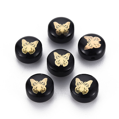 Handmade Lampwork Beads, with Golden Plated Brass Etched Metal Embellishments, Flat Round with Butterfly