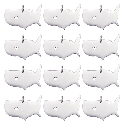 12Pcs 201 Stainless Steel Pendants, Map of U.S.A