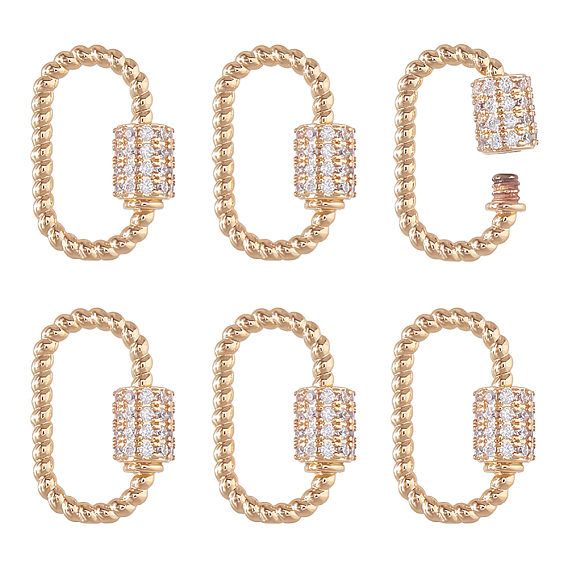 6шт. латунные микро-паве прозрачные кубические цирконии винтовые карабины-замки-брелки, без кадмия, без никеля и без свинца, овальные