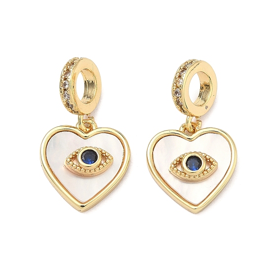 Подвески-шармы из латуни с микропаве, прозрачными и синими кубическими циркониями, в европейском стиле., Подвески в форме сердца с большим отверстием и изображением сглаза, украшенные натуральной ракушкой., стойки покрытие, долговечный, без свинца и без кадмия