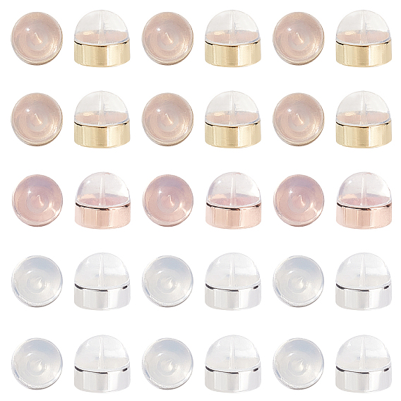 36Pcs 3 Colors Silicone Ear Nuts, Earring Backs, with Brass Findings, Half Round, Cadmium Free & Nickel Free & Lead Free