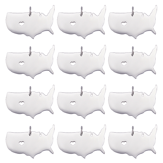 12Pcs 201 Stainless Steel Pendants, Map of U.S.A