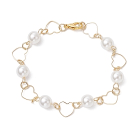 Brass Link Bracelets for Women, with ABS Plastic Pearl Round Beads, Heart