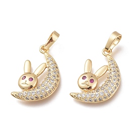 Brass Pendants, with Colorful Cubic Zirconia, Long-Lasting Plated, Rabbit with Moon
