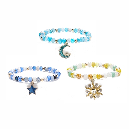 3Pcs 3 Style Moon & Sun & Star Alloy Enamel Charm Stretch Bracelets Set with Glass for Women