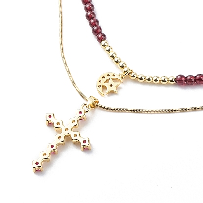 2Pcs 2 Style Cubic Zirconia Cross & Moon Pendant Necklaces Set with Natural Garnet Beaded, Gemstone Jewelry for Women