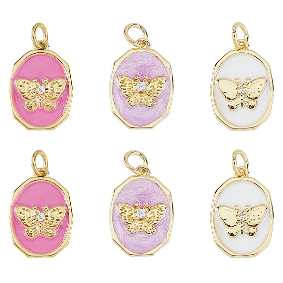 6 шт. 3 цвета латунные подвески из прозрачного кубического циркония с микропаве, с эмалью и кольцами для прыжков, бабочка