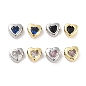 Brass Micro Pave Cubic Zirconia Beads, Real 18K Gold Plated/Platinum, Heart