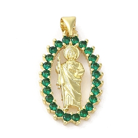 Rack Plating Brass Micro Pave Cubic Zirconia Pendants, Oval with Jesus, Long-Lasting Plated, Cadmium Free & Lead Free