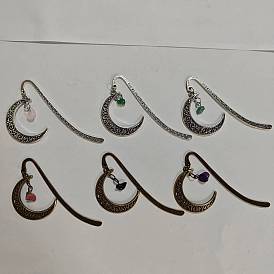 6pcs 2 styles marque-pages en alliage de pierres précieuses naturelles, lune