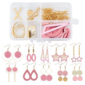DIY Pink Style Dangle Earrings Making Kits, Including Wood Pendants & Beads, Brass Earring Hooks, Metal Findings