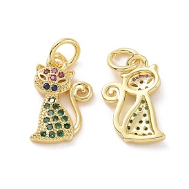 Brass Micro Pave Cubic Zirconia Pendants, with Jump Ring, Real 18K Gold Plated, Cat Charms