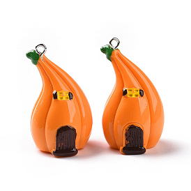 Autumn Opaque Resin Pendants, Pumpkin House Charms, with Platinum Tone Iron Loops