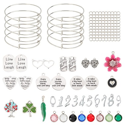 SUNNYCLUE DIY Word Theme Bangle Making Kits, with Alloy Pendants, Glass Charms, Adjustable Brass Bangle Making