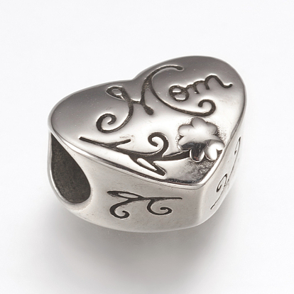 Mother's Day Theme, 304 Stainless Steel European Beads, Large Hole Beads, Heart with Mom