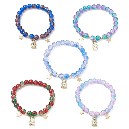 5шт. растягивающиеся браслеты из круглых стеклянных бусин с трещинами, браслеты с подвесками из сплава для женщин