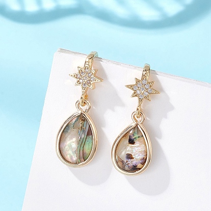 Серьги-подвески из латуни с прозрачным кубическим цирконием и прозрачным паве, с подвесками из натуральных раковин морского ушка/морского ушка, слеза со звездой