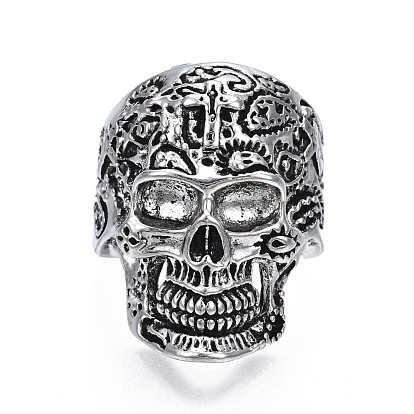 Gothic Punk Skull Alloy Open Cuff Ring for Men Women, Cadmium Free & Lead Free