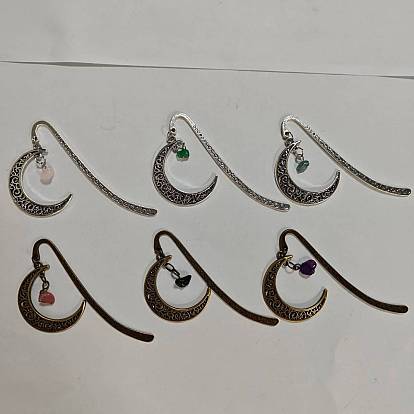 6pcs 2 styles marque-pages en alliage de pierres précieuses naturelles, lune