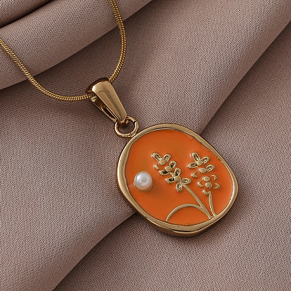 316 Женские ожерелья с подвеской в виде цветка из хирургической нержавеющей стали с эмалью и искусственным жемчугом, золотые