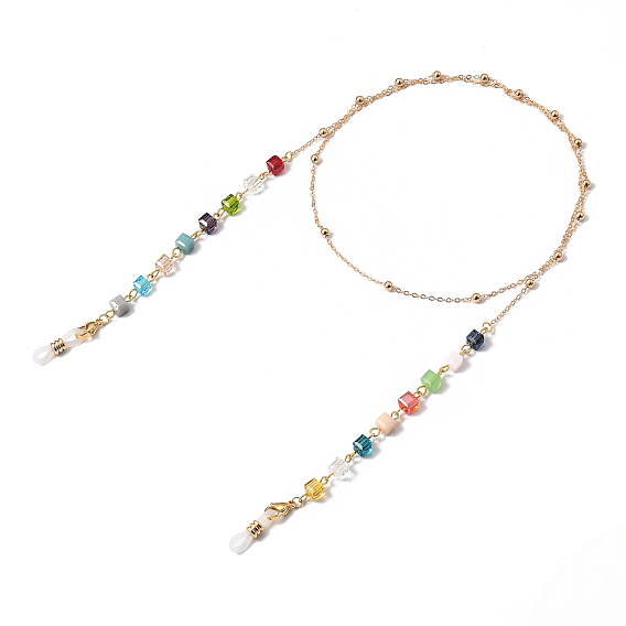 Chaînes de lunettes, tour de cou pour lunettes, avec des chaînes de câble en laiton, perles de verre transparent cube, 304 fermoirs à pince de homard en acier inoxydable et extrémités en caoutchouc, colorées