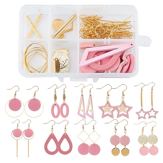 DIY Pink Style Dangle Earrings Making Kits, Including Wood Pendants & Beads, Brass Earring Hooks, Metal Findings